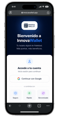 Pantalla de bienvenida de InnovaWallet — acceso con Google