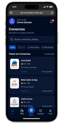 Pantalla de comercios disponibles en InnovaWallet
