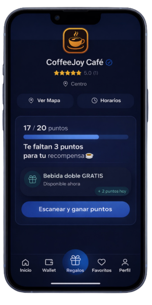 App InnovaWallet mostrando tarjeta de fidelización con 17 de 20 puntos acumulados